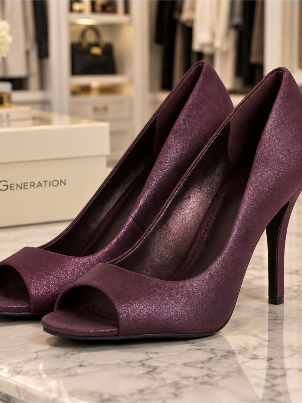 BCBGeneration Metallic Plum Peep Toe Stiletto Heels Size 7.5